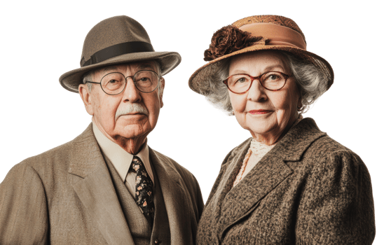 Vintage-dressed couple poses elegantly png