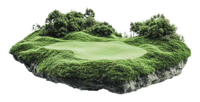 Floating golf green on lush rocky terrain png