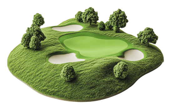 Lush green golf course with sand traps and trees png