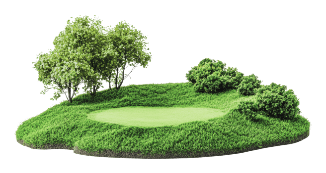 Green golf course with lush shrubs and trees png