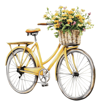 Bright yellow bike with flowers in basket png