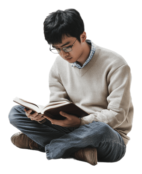 Young man reading a book while seated on the floor png