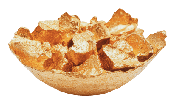 Bowl of gold nuggets on display png