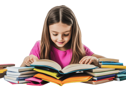 Young girl explores colorful books while reading png