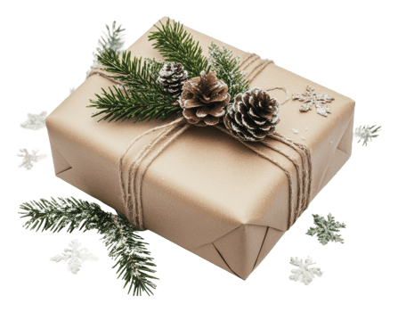 Holiday gift wrapped with natural decorations png