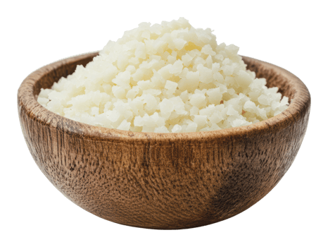 Fine white salt in a wooden bowl on display png