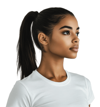 Young woman with ponytail in simple white shirt png