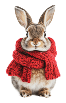 Rabbit wearing a red knitted scarf in winter png