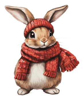 Rabbit wearing a cozy red scarf and hat png