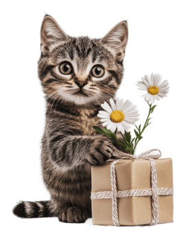 Cute kitten with flowers in a gift box png