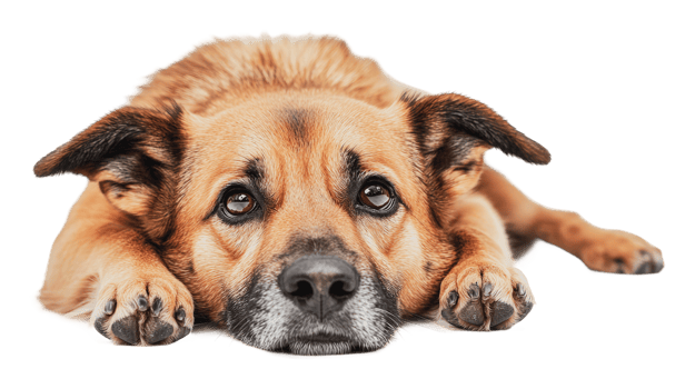 Dog resting calmly on a white background png