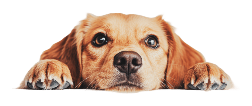 Golden dog looking curiously with paws on surface png