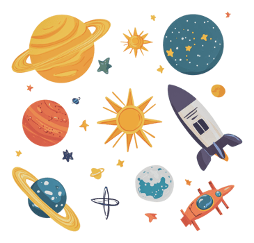 Colorful illustration of planets and a rocket png