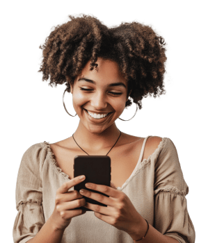 Smiling woman using smartphone with curly hair png