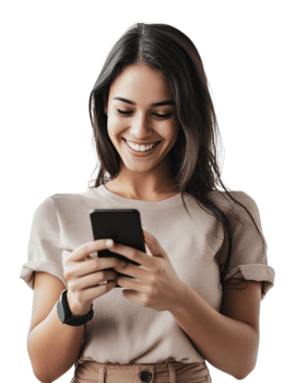 Young woman happily using smartphone indoors png