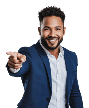 Smiling man in blue suit pointing confidently png
