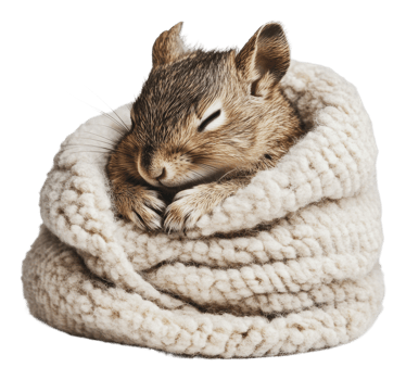 Squirrel curled up in a cozy blanket png