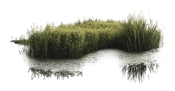 Lush wetland vegetation reflecting in calm water png
