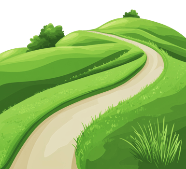 Winding path through lush green hills in daylight png