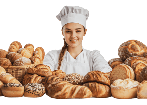 Baker showcasing various types of bread in bakery png