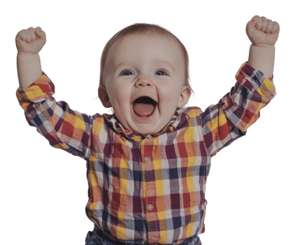 Joyful baby celebrating success with raised arms png