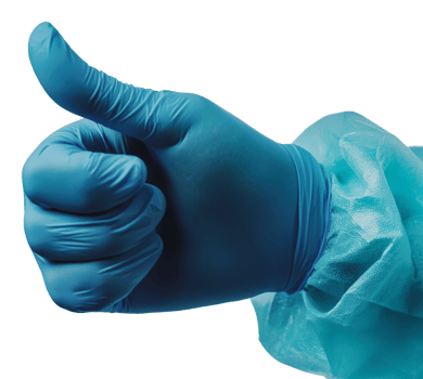 Gloved hand gives thumbs up in medical setting png