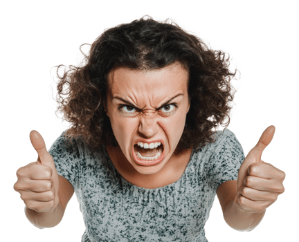 Woman expressing anger with thumbs up gesture png