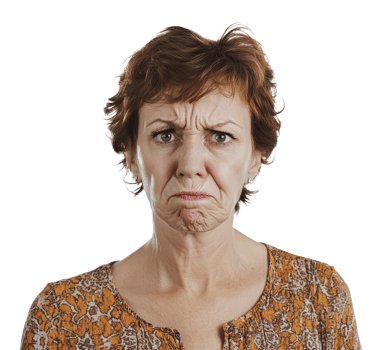 Woman frowns, showing strong discontent png