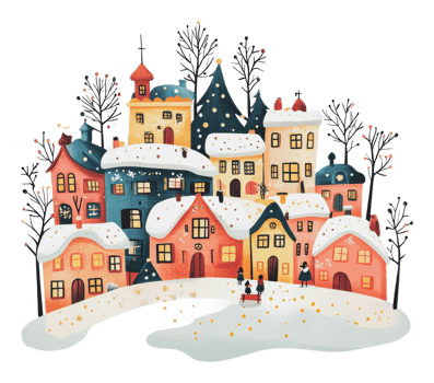 Charming winter village with snow-covered houses png