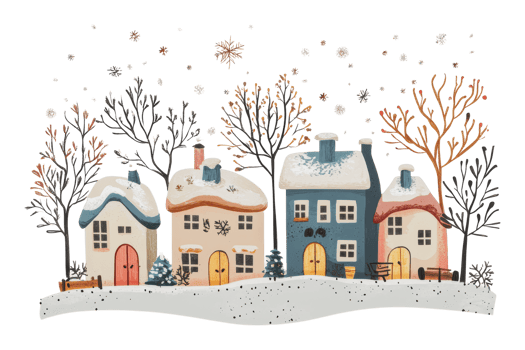 Winter village scene with snow-covered houses png