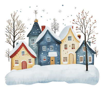 Charming winter village with snow-covered rooftops png