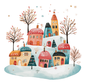 Colorful winter village with whimsical houses png