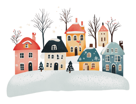 Colorful winter houses under a snowy sky png