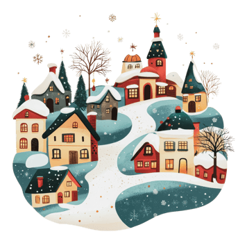 Winter village with houses and snowy landscape png