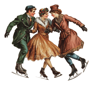 Elegant ice skating trio in vintage attire png