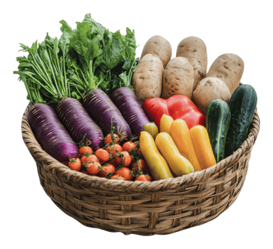 Fresh vegetables in a woven basket display png