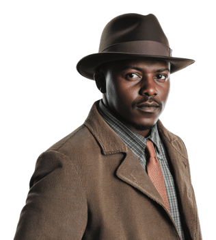 Stylish man in brown hat and coat with tie png