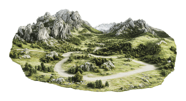 Scenic winding road through mountainous landscape png