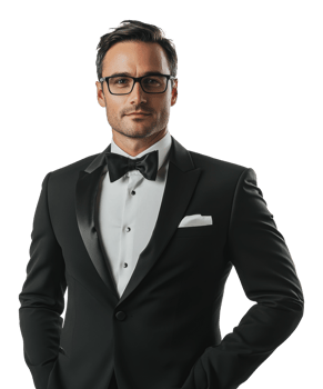 Formal man in a tuxedo posing confidently indoors png