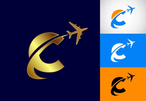 Alphabet C with airplane. Travel icon. Aviation logo sign, Flying symbol. Flight icon in multiple color variation vector