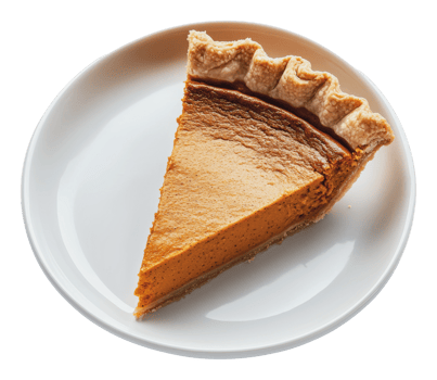 Pumpkin pie slice served on a white plate png