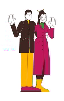 Fashionable chinese couple in winter outerwear waving hands 2D cartoon characters. Asian boyfriend girlfriend greeting isolated people flat on white background. Spot illustration colorful vector