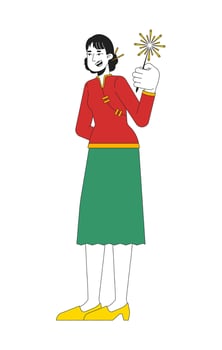 Happy chinese woman in traditional tang suit holding sparkler stick 2D cartoon character. Asian female celebrating spring festival isolated person flat on white. Spot illustration colorful vector