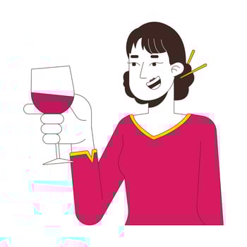 Smiling chinese woman with chopsticks hair bun toasting wineglass 2D cartoon character. Asian lady wine drink cheers isolated person flat on white background. Spot illustration colorful vector