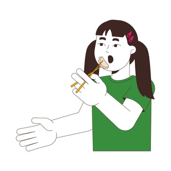Cute chinese girl eating dumplings with chopsticks 2D cartoon character. Hungry asian kid putting jiaozi in open mouth isolated person flat on white background. Spot illustration colorful vector