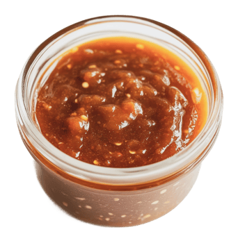Homemade spicy sauce in a glass jar on display png