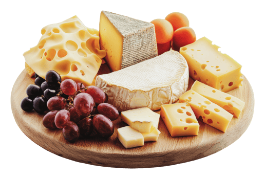 Cheese platter with assorted varieties and fruits png