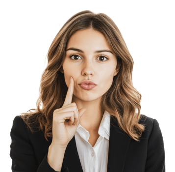 Woman in business attire gestures for silence png