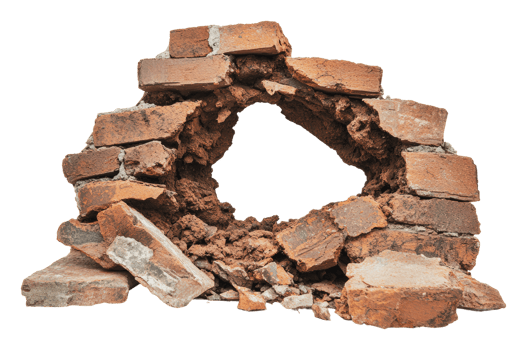Crumbling brick wall with a hole showing damage png