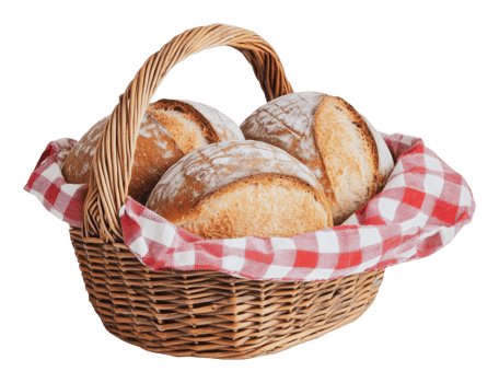 Freshly baked bread in a woven basket png